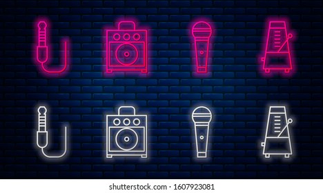 Set line Guitar amplifier, Microphone, Audio jack and Metronome with pendulum in motion. Glowing neon icon on brick wall. Vector
