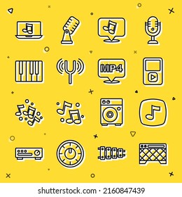 Set line Guitar amplifier, Music note, tone, player, Musical tuning fork, synthesizer, Laptop with music and MP4 file document icon. Vector