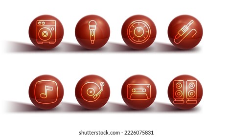 Set line Guitar amplifier, Music note, tone, Audio jack, Retro audio cassette tape, Vinyl player, Microphone, Stereo speaker and Sound mixer controller icon. Vector