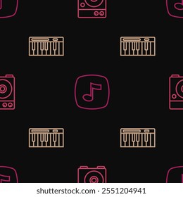 Set line Guitar amplifier, Music synthesizer and note, tone on seamless pattern. Vector