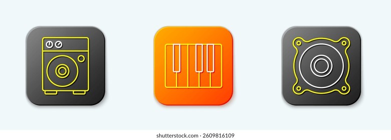 Set line Guitar amplifier, Music synthesizer and Stereo speaker icon. Vector