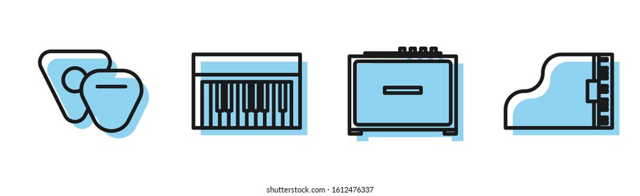 Set line Guitar amplifier, Guitar pick, Music synthesizer and Grand piano icon. Vector