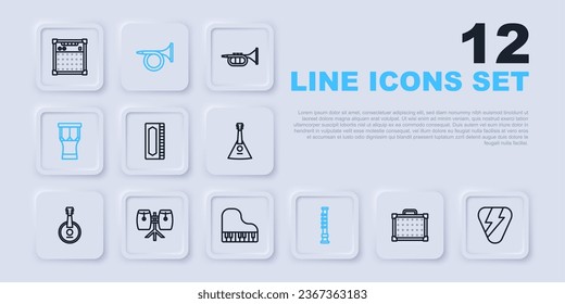 Set line Guitar amplifier, pick, Harmonica, Flute, African percussion drum, Conga drums, Trumpet and Grand piano icon. Vector