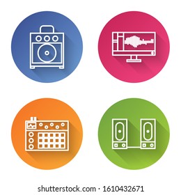 Set line Guitar amplifier, Sound or audio recorder on monitor, Drum machine and Stereo speaker. Color circle button. Vector