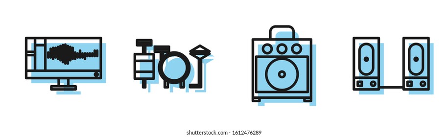 Set line Guitar amplifier, Sound or audio recorder on monitor, Drums and Stereo speaker icon. Vector