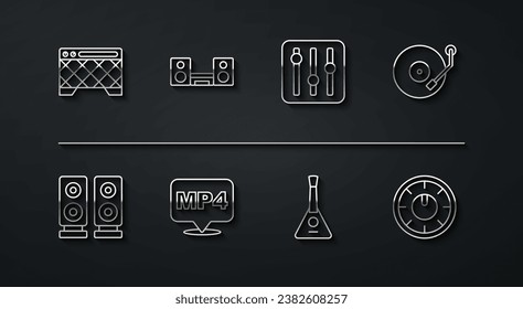 Set line Guitar amplifier, Stereo speaker, Vinyl player, Balalaika, MP4 file document, Home stereo with two speakers, Sound mixer controller and  icon. Vector