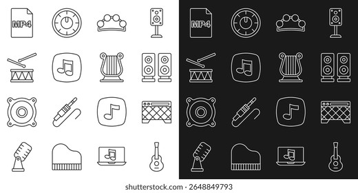 Set line Guitar, amplifier, Stereo speaker, Tambourine, Music note, tone, Drum with drum sticks, MP4 file document and Ancient Greek lyre icon. Vector