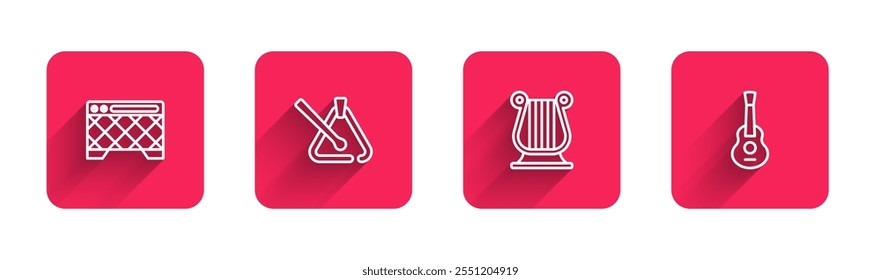 Set line Guitar amplifier, Triangle musical instrument, Ancient Greek lyre and  with long shadow. Red square button. Vector