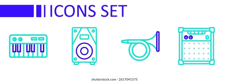 Set line Guitar amplifier, Trumpet, Stereo speaker and Music synthesizer icon. Vector