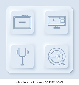 Set line Guitar amplifier, Video recorder or editor software on monitor, Musical tuning fork and Music CD player. White square button. Vector