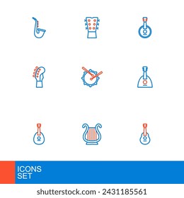 Set line Guitar, Ancient Greek lyre, Mandolin, Balalaika, neck, Drum with drum sticks, Banjo and  icon. Vector