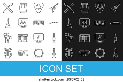 Set line Guitar, Audio jack, Drum and drum sticks, pick, Music note, tone,  and synthesizer icon. Vector