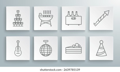 Set line Guitar, Barbecue grill, Disco ball, Cake, Party hat, Bottles of wine in wooden box, Firework rocket and Wine glasses stacked pyramid tower icon. Vector
