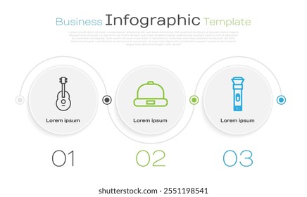 Definir linha Guitarra, chapéu Beanie e Lanterna. Modelo de infográfico comercial. Vetor