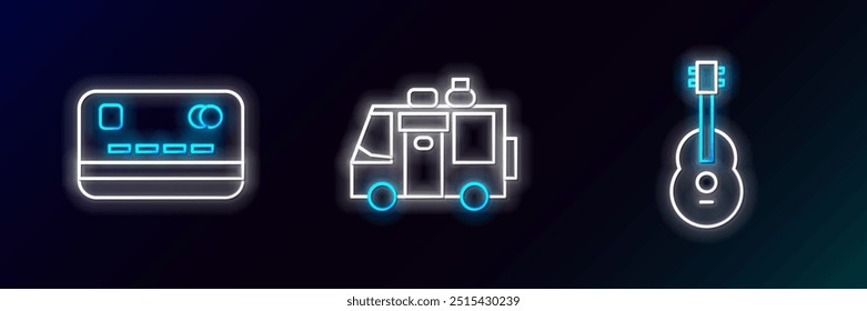 Set line Guitar, Credit card and Rv Camping trailer icon. Glowing neon. Vector