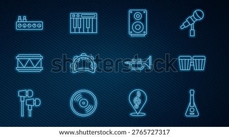Set line Guitar, Drum, Stereo speaker, Tambourine, Sound mixer controller, Trumpet and Music synthesizer icon. Vector