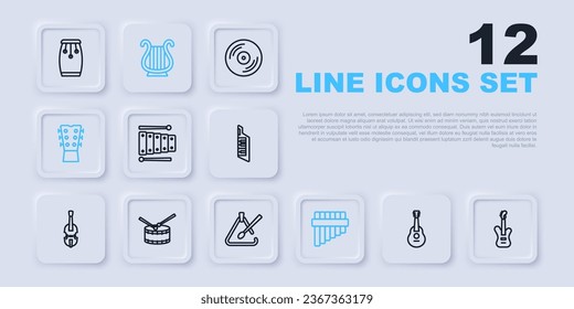 Set line Guitar, Electric bass guitar, Xylophone, Pan flute, neck, Drum with drum sticks, Ancient Greek lyre and Triangle musical instrument icon. Vector