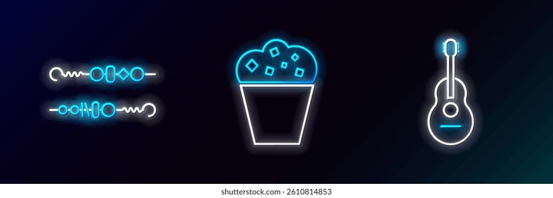 Set line Guitar, Grilled shish kebab and Popcorn in cardboard box icon. Glowing neon. Vector