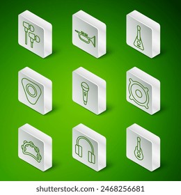 Set line Guitar, Headphones, Air headphones, Microphone, pick, Trumpet, Tambourine and Stereo speaker icon. Vector