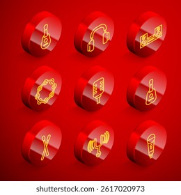 Set line Guitar, Headphones, Home stereo, Tambourine, Microphone, Drum sticks and Musical tuning fork icon. Vector