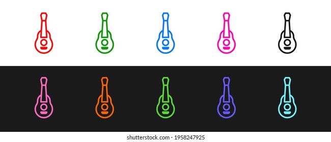 Set line Guitar icon isolated on black and white background. Acoustic guitar. String musical instrument.  Vector