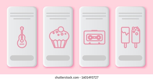 Set line Guitar , Muffin , Retro audio cassette tape  and Ice cream . White rectangle button. Vector