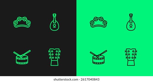 Set line Guitar neck, Drum with drum sticks, Tambourine and Mandolin icon. Vector