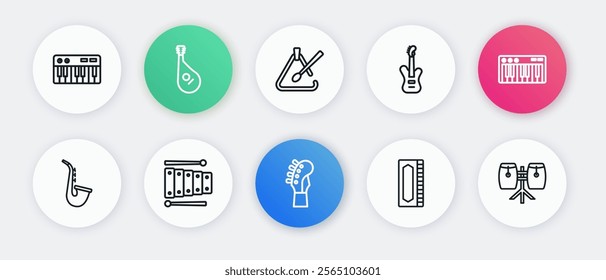 Set line Guitar neck, Music synthesizer, Saxophone, Harmonica, Electric bass guitar, Triangle musical instrument, Conga drums and Xylophone icon. Vector