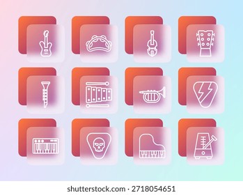 Set line Cuello de guitarra, pico, trompeta, piano, xilófono, violín, bajo eléctrico e icono de pandereta. Vector