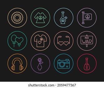 Fijar la línea Guitarra, Sin guerra, Bong, sello de impresión de camisetas de la Paz, Globos, Sol, Gafas de amor con forma de corazón e ícono de vestido. Vector
