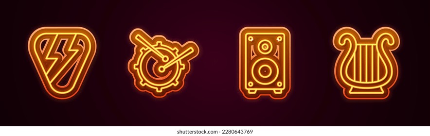 Set line Guitar pick, Drum with drum sticks, Stereo speaker and Ancient Greek lyre. Glowing neon icon. Vector