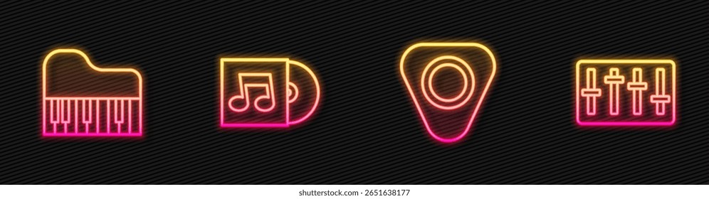 Set line Guitar pick, Grand piano, Vinyl disk and Sound mixer controller. Glowing neon icon. Vector
