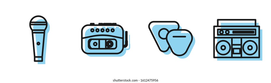 Set line Guitar pick, Microphone, Music tape player and Home stereo with two speakers icon. Vector