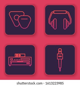 Set line Guitar pick, Music CD player, Headphones and Microphone. Blue square button. Vector