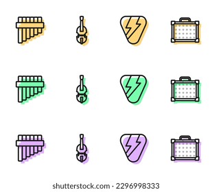 Set line Guitar pick, Pan flute, Violin and amplifier icon. Vector