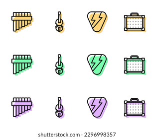 Set line Guitar pick, Pan flute, Violin and amplifier icon. Vector