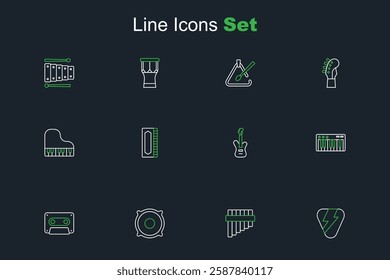 Set line Guitar pick, Pan flute, Stereo speaker, Retro audio cassette tape, Music synthesizer, Electric bass guitar, Harmonica and Grand piano icon. Vector