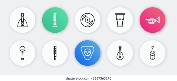 Set line Guitar pick, Trumpet, Microphone, African percussion drum, Vinyl disk, Violin and Flute icon. Vector