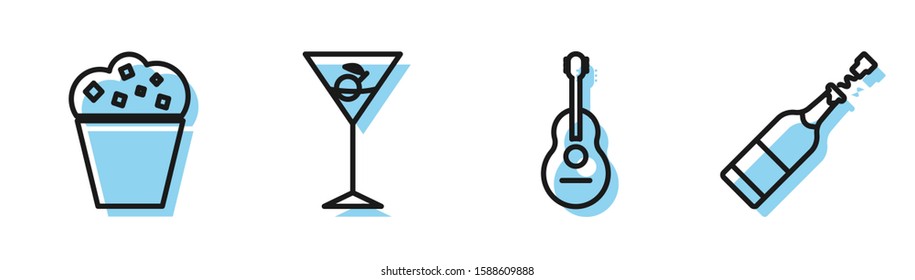 Set line Guitar , Popcorn in cardboard box , Martini glass  and Champagne bottle  icon. Vector