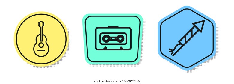 Set line Guitar , Retro audio cassette tape  and Firework rocket . Colored shapes. Vector