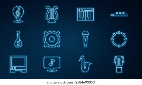 Set line Guitar, Tambourine, Music synthesizer, Stereo speaker, Treble clef, Microphone and Ancient lyre icon. Vector