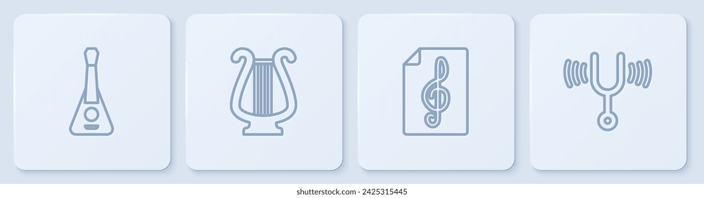Set line Guitar, Treble clef, Ancient lyre and Musical tuning fork. White square button. Vector