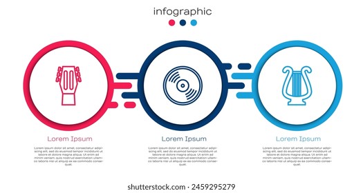 Set line Guitar, Vinyl disk and Ancient lyre. Business infographic template. Vector