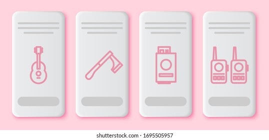 Set line Guitar, Wooden axe, Passport with ticket and Walkie talkie. White rectangle button. Vector