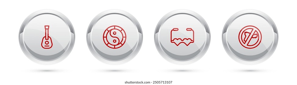 Set line Guitar, Yin Yang symbol, Heart shaped love glasses and No war. Silver circle button. Vector