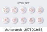 Set line Gun powder barrel, Decree, parchment, scroll, Bomb ready to explode, Video game, Crossed human bones, Pirate treasure map, Skull and Street signboard with Bar icon. Vector