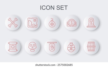 Set line Gun powder barrel, Decree, parchment, scroll, Bomb ready to explode, Video game, Crossed human bones, Pirate treasure map, Skull and Street signboard with Bar icon. Vector