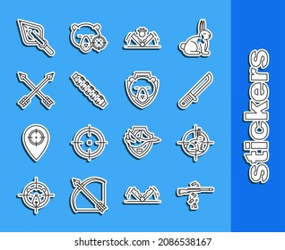 Set line Gun shooting, Hunt on rabbit with crosshairs, Hunter knife, Trap hunting, Hunting cartridge belt cartridges, Crossed arrows, Hipster tip and Bear head shield icon. Vector