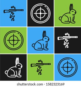 Set line Gun shooting, Rabbit and Target sport for shooting competition icon. Vector