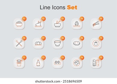 Set line Guotie, Dumpling, Sushi, Soy sauce bottle, Asian noodles paper box, Wonton, Homemade pie and bowl icon. Vector